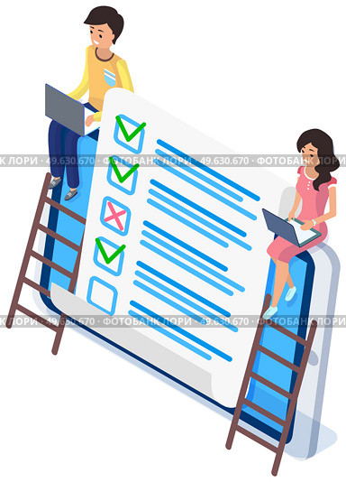 People studying questionnaire check and grade test with laptop. Man consults with woman and discuss. Cartoon characters sitting near big checklist and summarizing results. Colleagues study answers. People studying questionnaire check and grade test with laptop. Man consults with woman and discuss. Стоковая иллюстрация, агентство Ingram Publishing / Фотобанк Лори