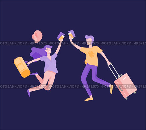 People travel on vacation. Tourists with laggage travelling couple and friends, go on journey. Travelers in various activity with luggage and equipment. Vector illustration. Different people travel on vacation. Tourists with laggage travelling with family, friends and alone, go on journey. Travelers in various activity with luggage and equipment. Vector. Стоковая иллюстрация, агентство Ingram Publishing / Фотобанк Лори