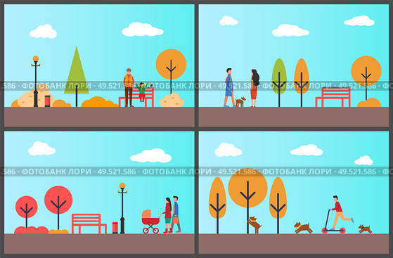 People walking in autumnal park, fall season set vector. Father and daughter, parents with pram and newborn child. Male riding scooter on lush nature. People Walking in Autumnal Park, Fall Season Set. Стоковая иллюстрация, агентство Ingram Publishing / Фотобанк Лори