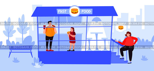People with excess weight and health problems eating at fast food restaurant flat vector illustration. Стоковая иллюстрация, агентство Ingram Publishing / Фотобанк Лори
