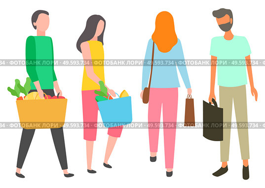 People with packages and bags vector, shopping man and woman returning home. Isolated characters with food organic meal and ingredients in baskets. People Shopping at Market and Shops Couples Set. Стоковая иллюстрация, агентство Ingram Publishing / Фотобанк Лори