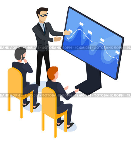 People work in a team and interact with graphs on modern screen vector. Business, workflow management and office workers in teamwork. Statistics and analytics presentation with innovative technologies. Businessmen and Business Graphs on Modern Screen. Стоковая иллюстрация, агентство Ingram Publishing / Фотобанк Лори