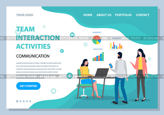 People work together and interact with graphs. Business, leadership, team interaction activities landing page template. Workflow management, office situations and communacation, successful teamwork. People work together and interact with graphs. Business, leadership, team interaction activities. Стоковая иллюстрация, агентство Ingram Publishing / Фотобанк Лори