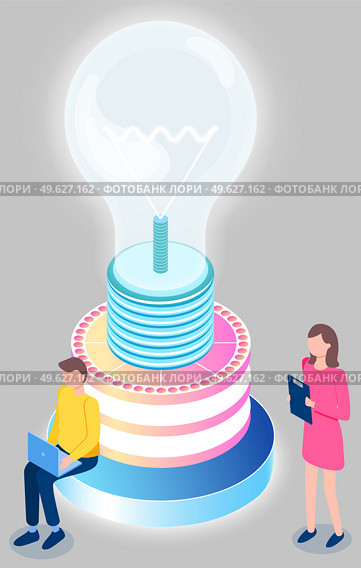 People work with information and data. Idea symbol in form of lightbulb. Colleagues communicate. Man working or studying on laptop. Woman with clipboard vector illustration. Characters discuss at work. People work with information and data. Idea symbol in form of lightbulb. Colleagues communicate. Стоковая иллюстрация, агентство Ingram Publishing / Фотобанк Лори
