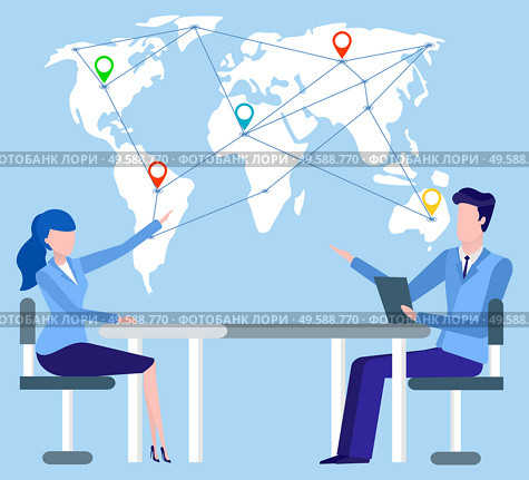 People working with international partners worldwide vector, man and woman pointing on world map. Employee with laptop, boss and secretary helper. International Business partners of Organizations. Стоковая иллюстрация, агентство Ingram Publishing / Фотобанк Лори