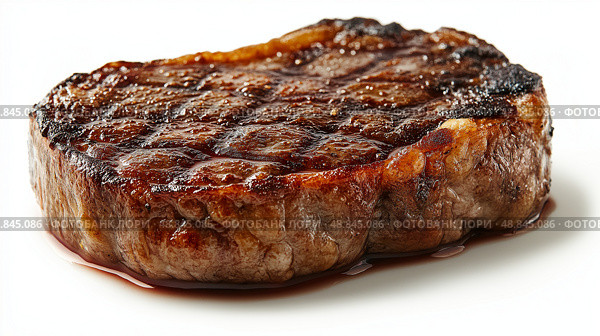 Perfectly Seared Ribeye Steak, Juicy Medium-Rare on White background. Идеально прожаренный стейк рибай, сочный стейк средней прожарки на белом фоне. Стоковое AI-изображение, AI-художник Katsiaryna Repich / Фотобанк Лори
