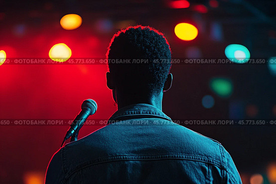 Performer stands near microphone under colorful lights at evening event. Стоковое AI-изображение, AI-художник Юлия Гапеенко / Фотобанк Лори