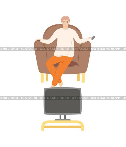 Person at home, male watching movies sitting in comfortable armchair and holding remote control in hand, television and show programs broadcasting. Vector illustration in flat cartoon style. Man Home Alone, Watching Film Sitting on Pouf. Стоковая иллюстрация, агентство Ingram Publishing / Фотобанк Лори