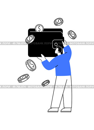 Person holding an oversized wallet with floating coins, representing a digital wallet and cryptocurrency. Applicable in fintech, digital payments, cryptocurrency, blockchain, and online finance.. Person holding oversized wallet with floating coins, representing digital wallet and cryptocurrency. Стоковая иллюстрация, агентство Ingram Publishing / Фотобанк Лори
