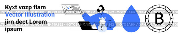 Person in suit with chart, laptop, and moneybag. Blue water droplet and Bitcoin coin elements. Ideal for business, finance, cryptocurrency, savings, analytics, water resources, technology. Landing. Modern Business Vector with Cryptocurrency, Analytics, and Savings Elements. Стоковая иллюстрация, агентство Ingram Publishing / Фотобанк Лори