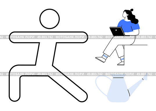 Person in yoga pose, woman with laptop seated on a ledge, and watering can. Ideal for wellness, work-life balance, productivity, gardening, relaxation, home office, and mindfulness. Line metaphor. Person practicing yoga, woman working on laptop, and watering can symbolizing balance and productivity. Стоковая иллюстрация, агентство Ingram Publishing / Фотобанк Лори