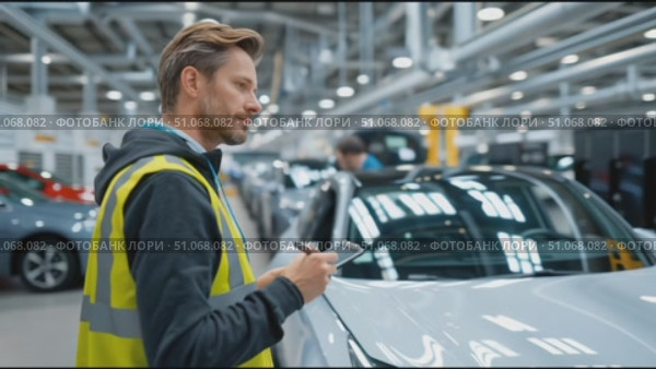 Person inspecting vehicles in a manufacturing facility during daytime. Стоковое AI-видео, аниматор Сергей Толмачёв / Фотобанк Лори