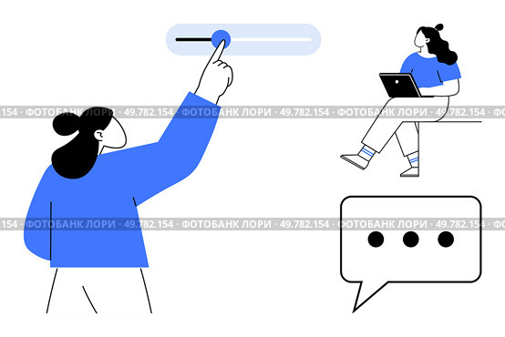 Person interacts with slider control while another works on a laptop. Speech bubble implies communication. Ideal for digital collaboration, user interaction, remote work, tech tutorials, online. Digital Collaboration with Slider Control Interface and Communication Elements. Стоковая иллюстрация, агентство Ingram Publishing / Фотобанк Лори