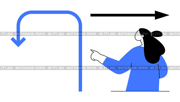Person pointing at one straight and one curved arrow signifies directional change and guidance. Ideal for business strategy, career change, navigation, decision-making, and life transitions. Modern. Person Pointing at Two Arrows Indicating Change in Direction. Стоковая иллюстрация, агентство Ingram Publishing / Фотобанк Лори