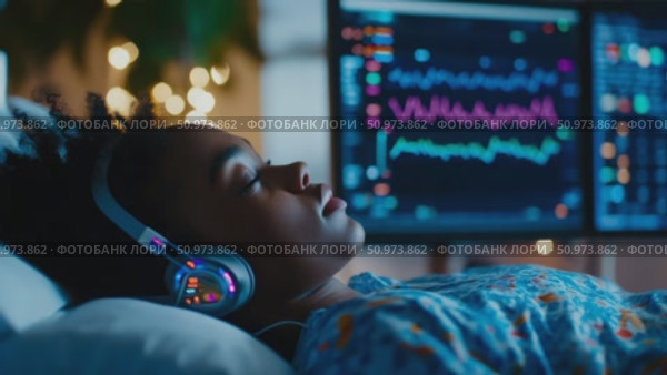 Person resting with luminous headphones, surrounded by glowing data screens displaying complex biological waveforms. Стоковое AI-видео, аниматор Данила Большаков / Фотобанк Лори