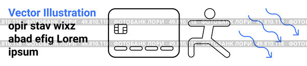 Person running towards simulated credit card. Blue directional arrows indicate movement. Ideal for financial growth, e-commerce, digital solutions, marketing, personal development, progress, speed. Person Running Towards a Simulated Credit Card with Directional Arrows and Sample Text. Стоковая иллюстрация, агентство Ingram Publishing / Фотобанк Лори