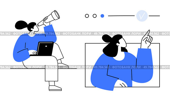 Person sitting with a laptop and telescope, another pointing at digital interface elements. Ideal for business strategy, technology, education, remote work, innovation, exploration, project. Two individuals in blue and white, one with a laptop and telescope, other pointing at interface insets. Стоковая иллюстрация, агентство Ingram Publishing / Фотобанк Лори