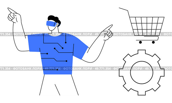 Person wearing VR headset pointing in different directions. Includes shopping cart and gear icon. Ideal for technology, virtual shopping, e-commerce, innovation, and digital transformation. Simple. Person Using Virtual Reality with Shopping Cart and Gear Icon. Стоковая иллюстрация, агентство Ingram Publishing / Фотобанк Лори