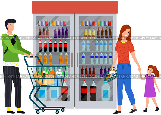 Person with shopping trolley chooses food at grocery store, supermarket. Shopping, customer in mall, retail shop concept. Cartoon character looking at fizzy drinks, lemonades in foodstuff store. Person looking at fizzy drinks, lemonades in foodstuff store. Shopping in supermarket concept. Стоковая иллюстрация, агентство Ingram Publishing / Фотобанк Лори