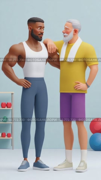 Personal trainer supporting senior man at gym. Стоковое AI-видео, аниматор Юрий Поздников / Фотобанк Лори