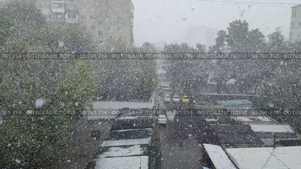 Первые снежинки осенью в жилом квартале города. Стоковое видео, видеограф Мария Сергеева / Фотобанк Лори