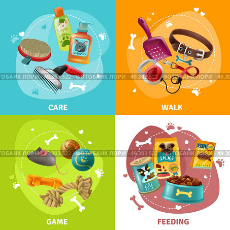 Pet Care Concept 4 Icons Square Design . Affordable pet care center service concept with grooming playing and feeding 4 colorful icons square isolated vector illustration . Стоковая иллюстрация, агентство Ingram Publishing / Фотобанк Лори