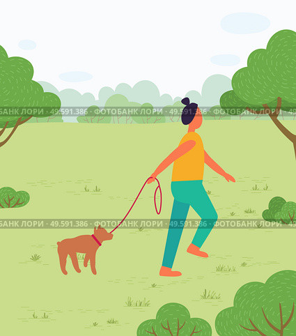 Pet owner walking dog on leash in summer park. Summertime forest with trees and greenery. Sunny day weekends. Lady with canine animal outdoors. Strolling character in woods with doggy vector. Woman Walking Dog in Summer Forest or Park Vector. Стоковая иллюстрация, агентство Ingram Publishing / Фотобанк Лори