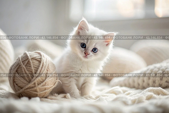 Pets. A small fluffy white kitten is playing with a ball of yarn on a white bed. A curious kitten lies on a white blanket and looks at the camera. Textiles, knitting. Стоковое AI-изображение, AI-художник Photojuli / Фотобанк Лори