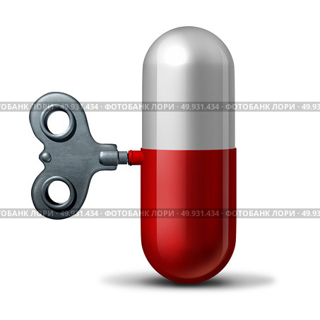 Pharmaceutical and pharmacy industry symbol as a winding key on a medication pill and capsule as a 3D illustration. Стоковое фото, агентство Ingram Publishing / Фотобанк Лори