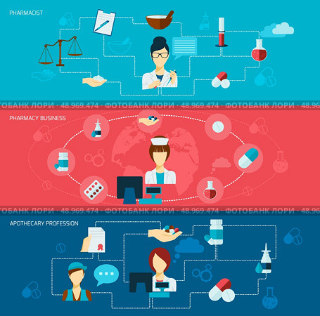 Pharmacist flat banner set with pharmacy business apothecary profession isolated vector illustration. Стоковая иллюстрация, агентство Ingram Publishing / Фотобанк Лори