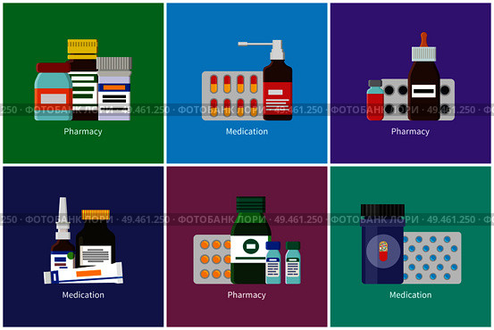 Pharmacy and medication posters with production. Pill blisters and glass plastic containers. Treatment in containers medical items vector illustration. Pharmacy Medication Posters Vector Illustration. Стоковая иллюстрация, агентство Ingram Publishing / Фотобанк Лори