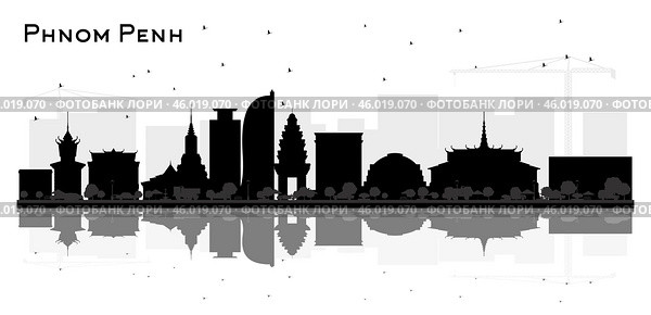 Phnom Penh Cambodia City Skyline Silhouette with Black Buildings and reflections Isolated on White. Concept with Historic Architecture. Phnom Penh Cityscape with Landmarks. Стоковая иллюстрация, иллюстратор Игорь Сорокин / Фотобанк Лори