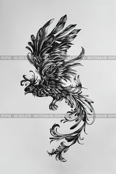 Phoenix illustration, drawing, engraving, ink, line art, vector. Sketch of a tattoo in the form of a Firebird. T-shirt apparel print design. Стоковое AI-изображение, AI-художник Ирина Ручушкина / Фотобанк Лори