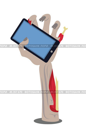 Phone in Broken Zombie Hand Vector Illustration. Broken zombie hand sticking out of the ground with modern mobile phone flat vector isolated on white. Social communications of living dead. Humorous concept of human mass consumerism, halloween party decor. Phone in Broken Zombie Hand Vector Illustration. Стоковая иллюстрация, агентство Ingram Publishing / Фотобанк Лори