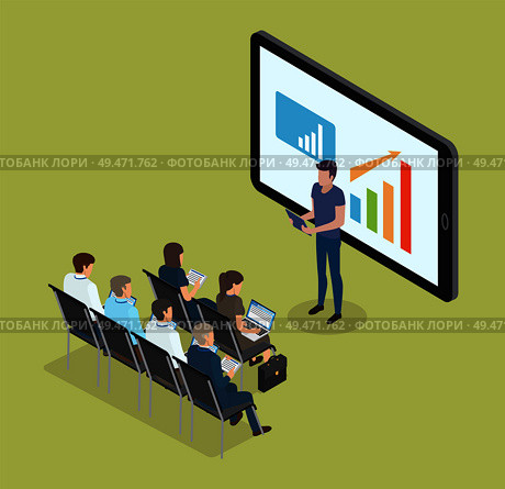 Phone monitor and data isolated isometric 3d icons. People listening to analysis presented by male. Employees and workers on seminar studying vector. Phone Monitor and Data Set Vector Illustration. Стоковая иллюстрация, агентство Ingram Publishing / Фотобанк Лори