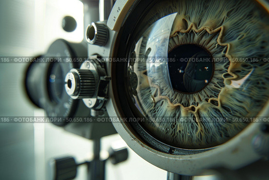 Phoropter showing close up of human eye during examination. Стоковое AI-изображение, AI-художник Иван Рябоконь / Фотобанк Лори
