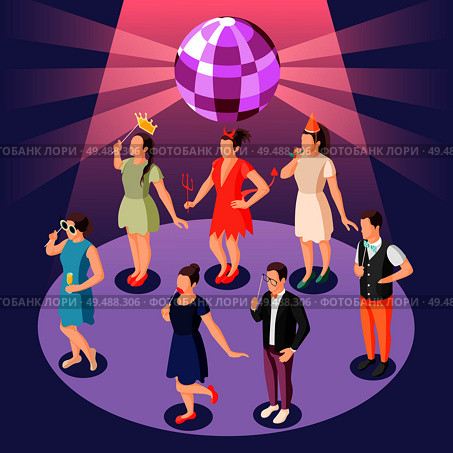 Photo booth party celebration isometric composition with disco ball and people holding props in spotlight vector illustration. Стоковая иллюстрация, агентство Ingram Publishing / Фотобанк Лори