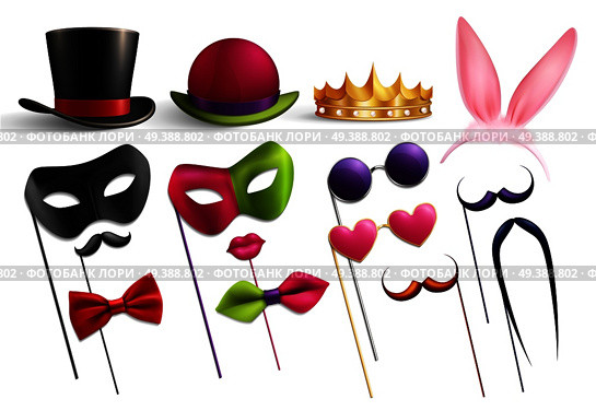Photo booth party set with isolated images of funny hats glasses and doodle elements for masquerade vector illustration. Realistic Masquerade Essentials Set. Стоковая иллюстрация, агентство Ingram Publishing / Фотобанк Лори