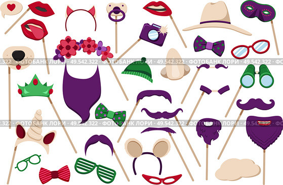 Photo booth props accessories flat icons collection with lips hats glasses party vacation objects isolated vector illustration. Стоковая иллюстрация, агентство Ingram Publishing / Фотобанк Лори
