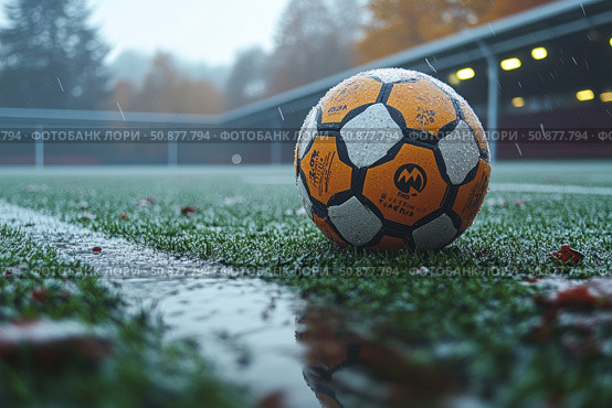 Photo of a soccer ball on wet artificial turf during rain. A close-up from a low angle highlights the texture of the grass and the water droplets on the ball. The frame includes the stadium, autumn trees and subdued light in the distance, creating an atmosphere of coolness, anticipation and preparation for the game. Ideal for themes about sports, training, football in any weather and outdoor activities. Стоковое AI-изображение, AI-художник Анна Кривицкая / Фотобанк Лори