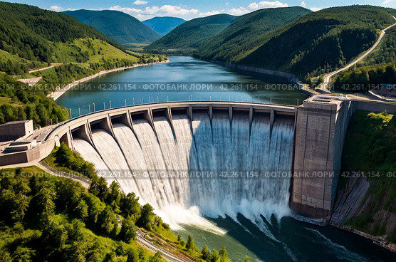 Photo of modern giant dam, located on Parana river. Itaipu Binacional hydroelectric power station in Foz do Iguazu Brazil on border with Paraguay. Hydro electrification concept. Copy ad text space. Стоковое AI-изображение, AI-художник Aleksandr Golubev / Фотобанк Лори