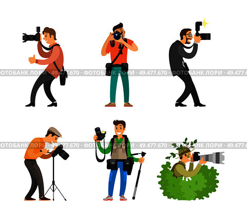 Photographers or photojournalists with cameras on tripod taking shots. Photo reporter in bush, setting focus, carrying backpack vector illustration.. Photographers with Digital Cameras and Tripods Set. Стоковая иллюстрация, агентство Ingram Publishing / Фотобанк Лори