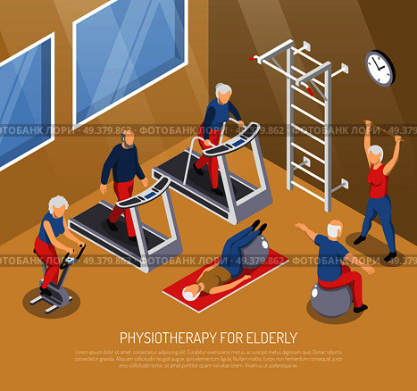 Physiotherapy for elderly isometric vector illustration with seniors in gym doing rehabilitation exercises with use trainers and sport inventory. Physiotherapy For Elderly Isometric Vector Illustration. Стоковая иллюстрация, агентство Ingram Publishing / Фотобанк Лори