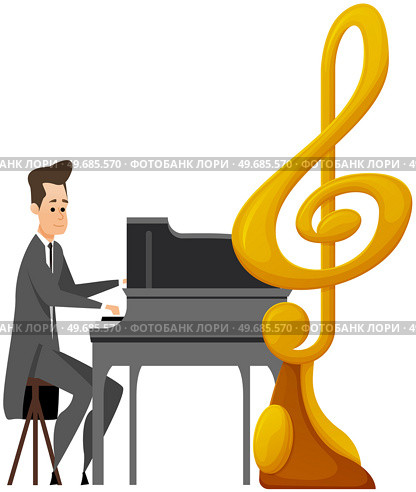 Pianist sitting at piano in black attire, hand over keys. Artist performing, making live music. Man plays musical instrument during concert. Male character performs song on piano near gold treble clef. Man performs song on piano near gold treble clef. Artist making live music with musical instrument. Стоковая иллюстрация, агентство Ingram Publishing / Фотобанк Лори