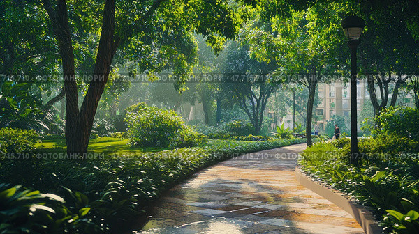 Picturesque scene of green city park with paved path surrounded by lush foliage and trees. Morning sunlight filters through the treetops, creating soft shadows and an atmosphere of calm. Passersby are visible enjoying their walk. The whole space looks well-groomed and natural at the same time - a perfect example of harmonious urban landscaping and public space. The photo is perfect for topics related to ecology, urban environment, outdoor recreation and improvement. Стоковое AI-изображение, AI-художник Анна Кривицкая / Фотобанк Лори