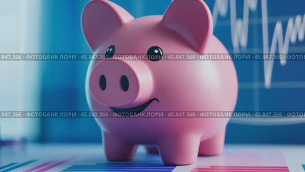 Piggy Bank is on a Financial Chart background, symbolizing savings management. Cheerful pink piggy bank on a blue economy diagram, growing graph. Wealth, profit, investment concept. Save money idea. Стоковое AI-видео, аниматор Марина Демидюк / Фотобанк Лори