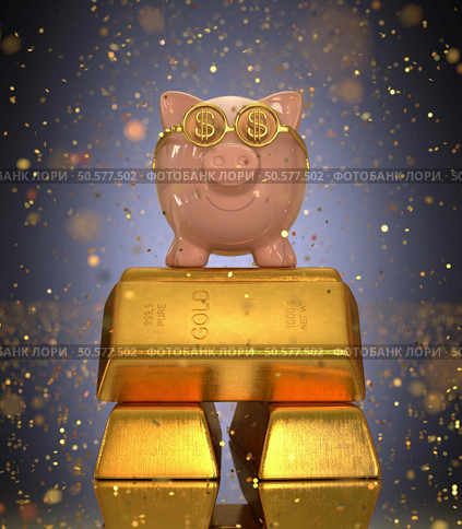 Piggy bank on top of gold ingots under rain of gold confetti. Concept of success in saving. Стоковое фото, агентство Ingram Publishing / Фотобанк Лори