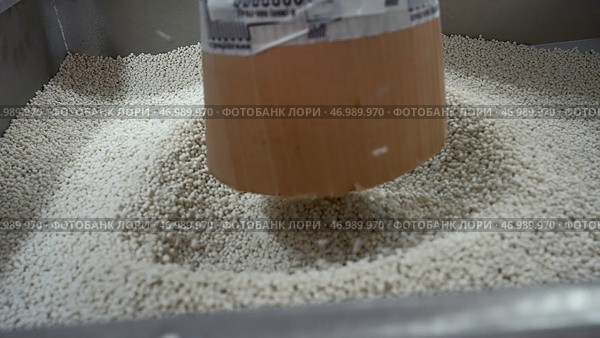 Pile of white plastic pellets in industrial workshop. Стоковое фото, фотограф David Kashakhi / Фотобанк Лори