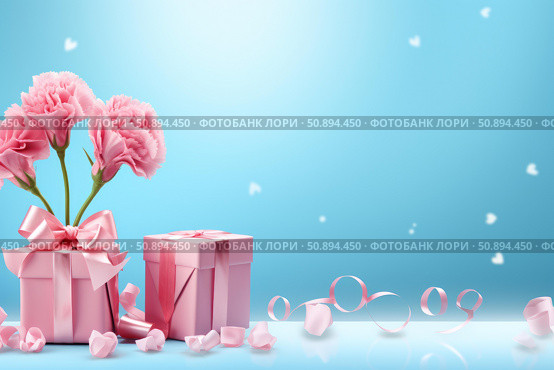 Pink carnations and gift boxes celebrating mother's day on blue background. Стоковое AI-изображение, AI-художник Иван Рябоконь / Фотобанк Лори