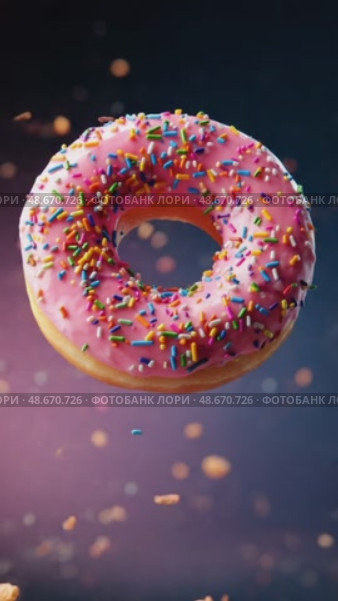 Pink donut rotating with sprinkles on purple background. Стоковое AI-видео, аниматор Юрий Поздников / Фотобанк Лори